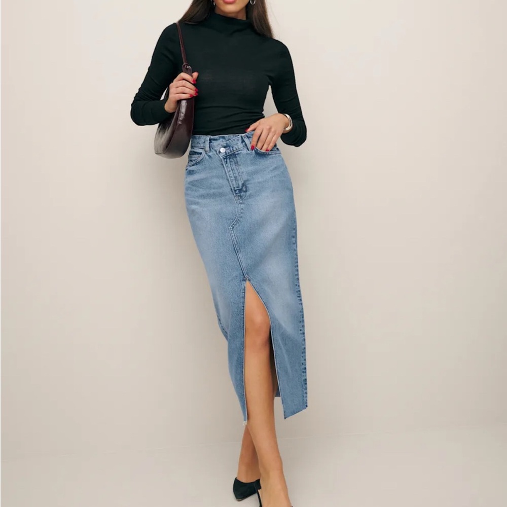 Reformation Nila Long Denim Skirt with Slit and Cross Waist - New w/o tag